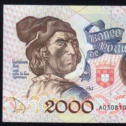 Banknote 2000 Escudos 23-5-1991 Bartolomeu Dias,Plate: 1, Bank of Portugal, World Paper Money Pick 186, (Uncirculated)