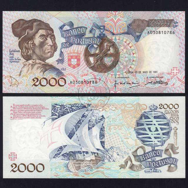 Banknote 2000 Escudos 23-5-1991 Bartolomeu Dias,Plate: 1, Bank of Portugal, World Paper Money Pick 186, (Uncirculated)