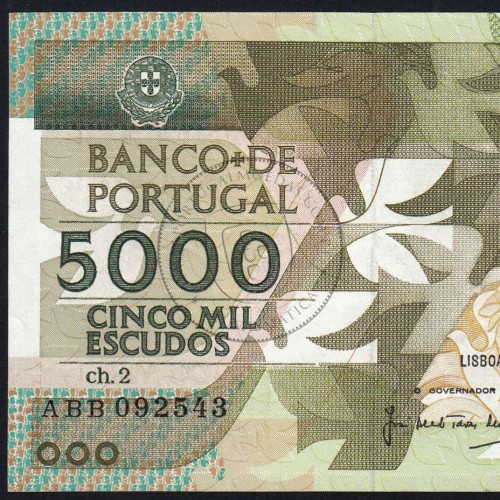 5000 Escudos 1987 Antero de Quental, 12 Fevereiro 1987 Chapa 2, Banco de Portugal, World Paper Money Pick 183 (Pouco Circulada)