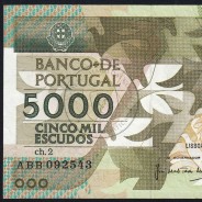5000 Escudos 1987 Antero de Quental, 12 February 1987 Plate 2, Bank of Portugal, World Paper Money Pick 183 (Lightly Circulated)