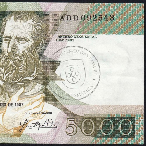 5000 Escudos 1987 Antero de Quental, 12 Fevereiro 1987 Chapa 2, Banco de Portugal, World Paper Money Pick 183 (Pouco Circulada)