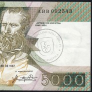 5000 Escudos 1987 Antero de Quental, 12 Fevereiro 1987 Chapa 2, Banco de Portugal, World Paper Money Pick 183 (Pouco Circulada)
