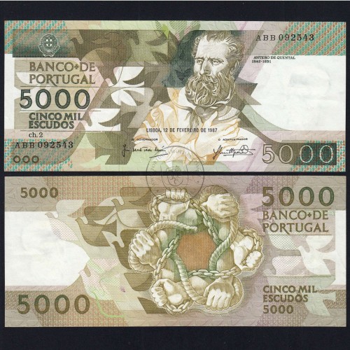 5000 Escudos 1987 Antero de Quental, 12 Fevereiro 1987 Chapa 2, Banco de Portugal, World Paper Money Pick 183 (Pouco Circulada)