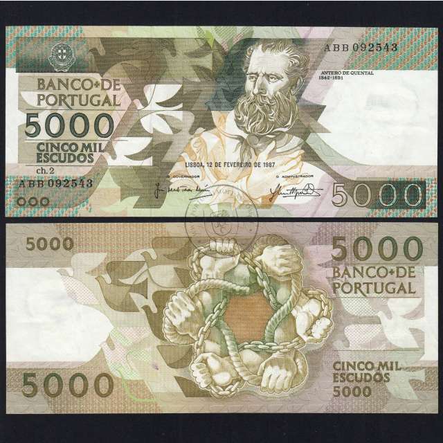 5000 Escudos 1987 Antero de Quental, 12 Fevereiro 1987 Chapa 2, Banco de Portugal, World Paper Money Pick 183 (Pouco Circulada)