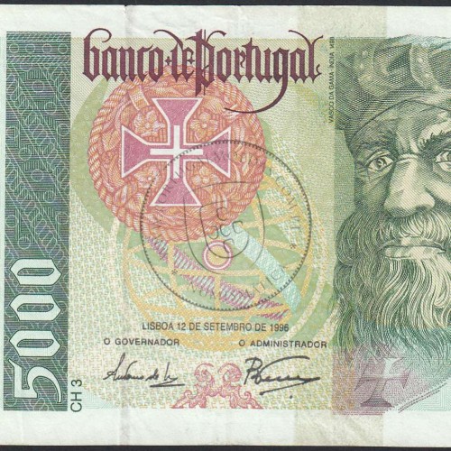 5000 Escudos banknote 1996 Vasco da Gama, 5000$00 12/09/1996 Plate: 3 - Bank of Portugal (Circulated) - Pick 190