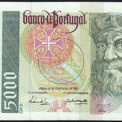 5000 Escudos banknote 1997 Vasco da Gama, 5000$00 20/02/1997 Plate: 3 - Bank of Portugal (Lightly circulated) - Pick 190