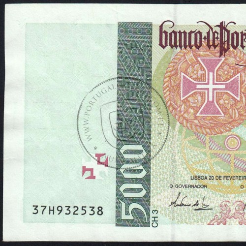 5000 Escudos banknote 1997 Vasco da Gama, 5000$00 20/02/1997 Plate: 3 - Bank of Portugal (Lightly circulated) - Pick 190