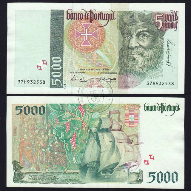 Nota de 5000 Escudos 1997 Vasco da Gama, 5000$00 20/02/1997 Chapa: 3 - Banco de Portugal (Pouco Circulada) - Pick 190