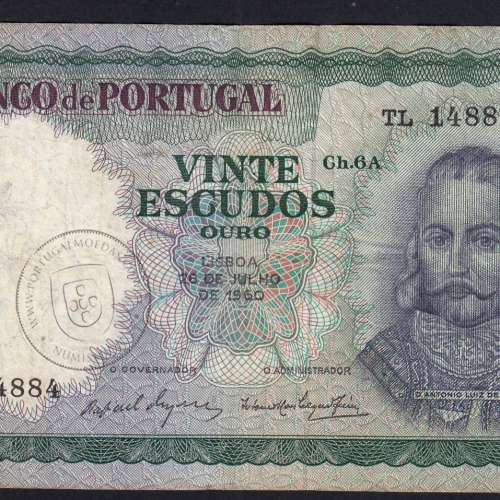20 Escudos 1960 D. António Menezes 26/07/1960, 20$00 Twenty Escudos 26/07/1960 Plate: 6A Bank of Portugal, (C), Pick 163