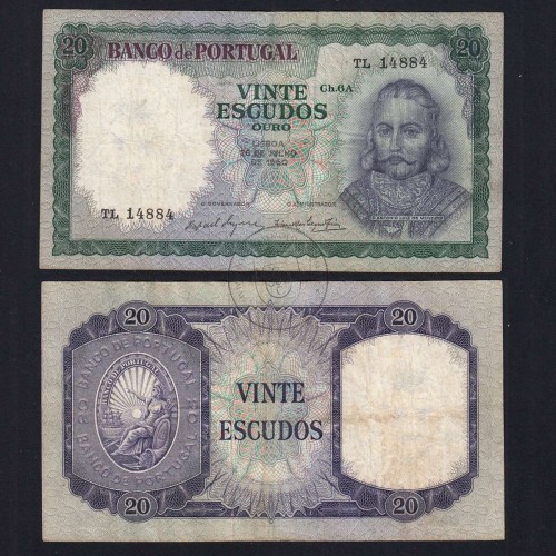 20 Escudos 1960 D. António Menezes 26/07/1960, 20$00 Twenty Escudos 26/07/1960 Plate: 6A Bank of Portugal, (C), Pick 163