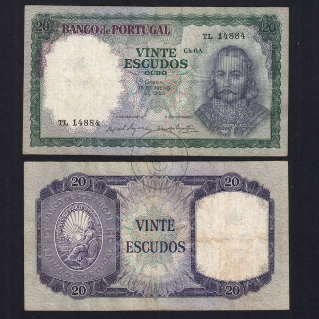 20 Escudos 1960 D. António Menezes 26/07/1960, 20$00 Twenty Escudos 26/07/1960 Plate: 6A Bank of Portugal, (C), Pick 163