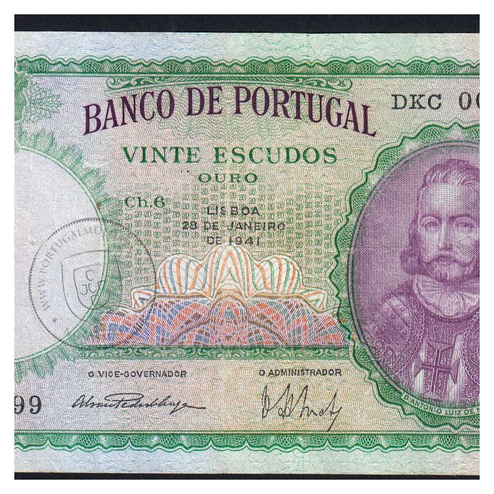 20 Escudos 1941 D.António Menezes 28/01/1941, 20$00 Vinte Escudos 28/01/1941 Chapa:6 Banco de Portugal, (C), Pick 153