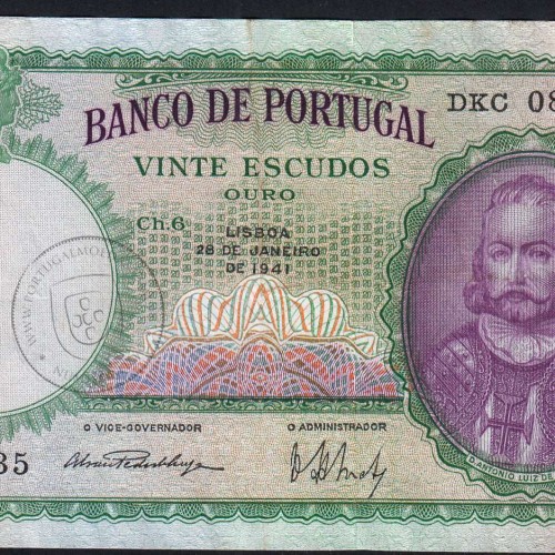 20 Escudos 1941 D.António Menezes 28/01/1941, 20$00 Vinte Escudos 28/01/1941 Chapa:6 Banco de Portugal, (C), Pick 153