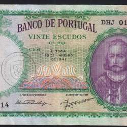 20 Escudos 1941 D. António Menezes 28/01/1941, 20$00 Twenty Escudos 28/01/1941 Plate: 6 Bank of Portugal, (C), Pick 153