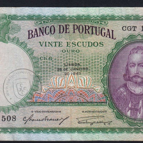20 Escudos 1941 D. António Menezes 28/01/1941, 20$00 Twenty Escudos 28/01/1941 Plate: 6 Bank of Portugal, (C), Pick 153