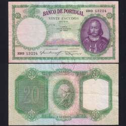20 Escudos 1944 D. António Menezes 29/08/1944, 20$00 Twenty Escudos 29/08/1944 Plate: 6 Bank of Portugal, (C), Pick 153