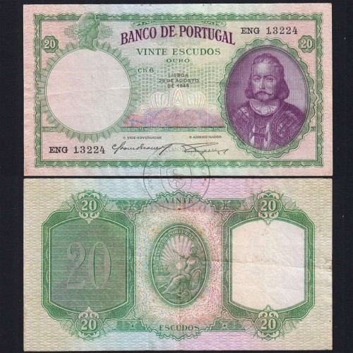 20 Escudos 1944 D. António Menezes 29/08/1944, 20$00 Twenty Escudos 29/08/1944 Plate: 6 Bank of Portugal, (C), Pick 153