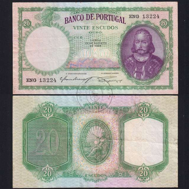 20 Escudos 1944 D.António Menezes 29/08/1944, 20$00 Vinte Escudos 29/08/1944 Chapa:6 Banco de Portugal, (C), Pick 153