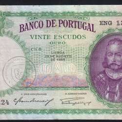 20 Escudos 1944 D. António Menezes 29/08/1944, 20$00 Twenty Escudos 29/08/1944 Plate: 6 Bank of Portugal, (C), Pick 153