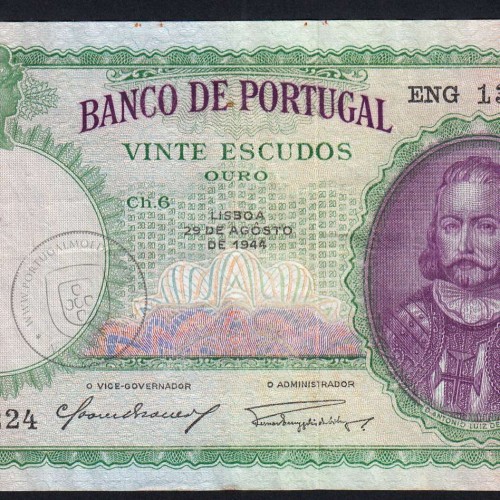 20 Escudos 1944 D. António Menezes 29/08/1944, 20$00 Twenty Escudos 29/08/1944 Plate: 6 Bank of Portugal, (C), Pick 153
