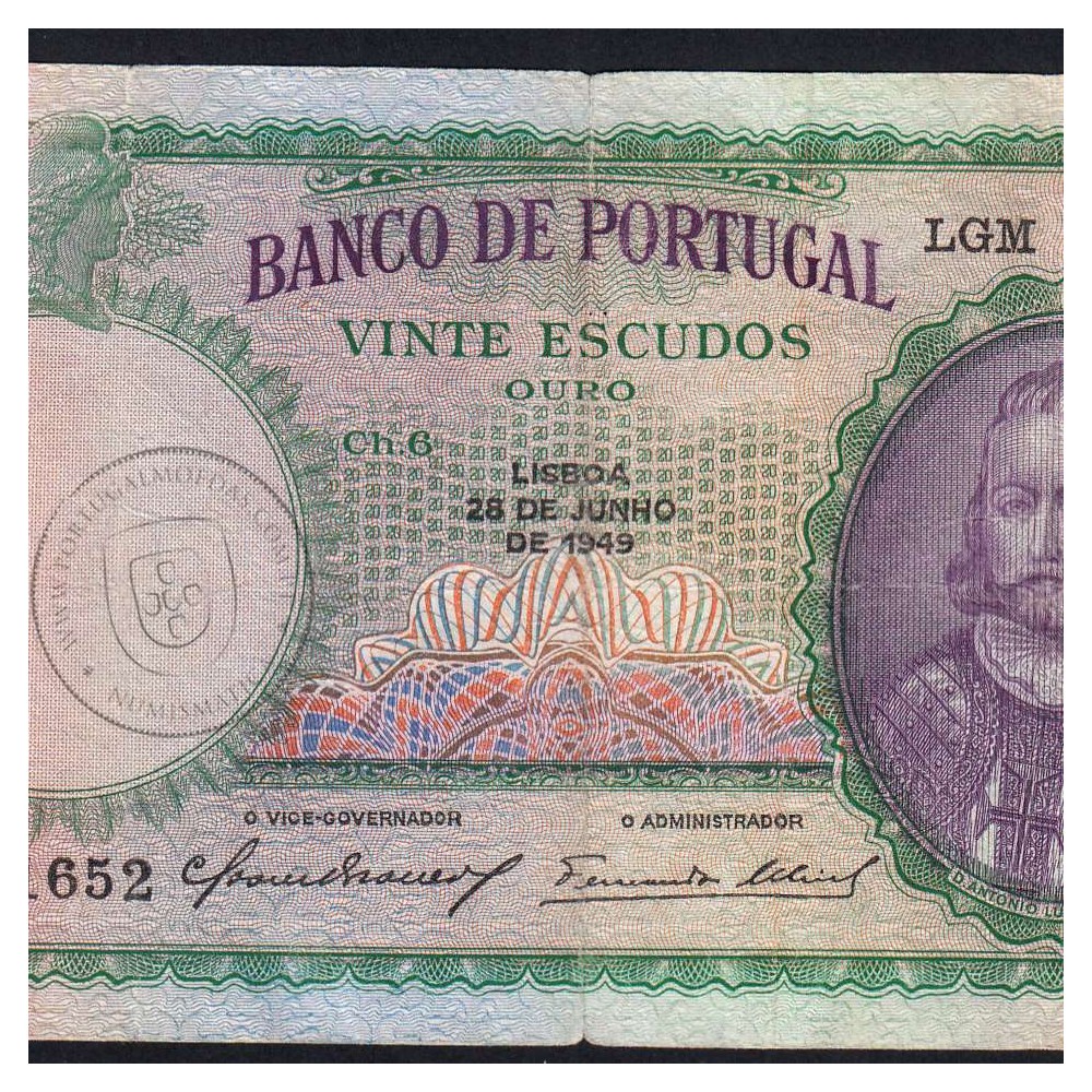 20 Escudos 1949 D.António Menezes 28/06/1949, 20$00 Vinte Escudos 28/06/1949 Chapa:6 Banco de Portugal, (C), Pick 153