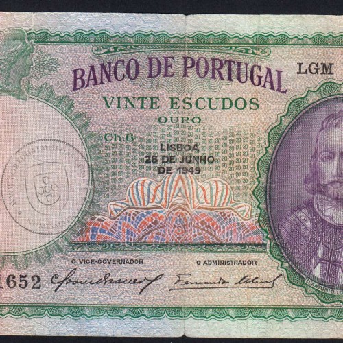 20 Escudos 1949 D.António Menezes 28/06/1949, 20$00 Vinte Escudos 28/06/1949 Chapa:6 Banco de Portugal, (C), Pick 153