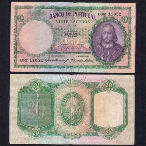 20 Escudos 1949 D.António Menezes 28/06/1949, 20$00 Vinte Escudos 28/06/1949 Chapa:6 Banco de Portugal, (C), Pick 153