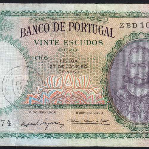 20 Escudos 1959 D. António Menezes 27/01/1959, 20$00 Twenty Escudos 27/01/1959 Plate: 6 Bank of Portugal, (C), Pick 153