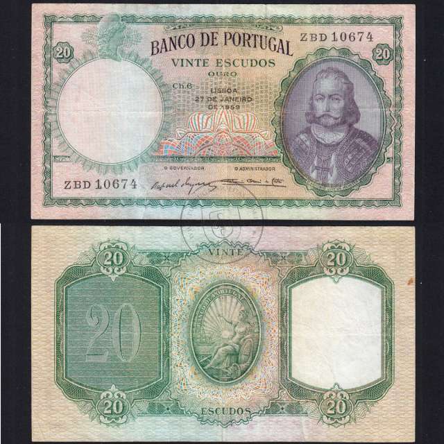 20 Escudos 1959 D. António Menezes 27/01/1959, 20$00 Twenty Escudos 27/01/1959 Plate: 6 Bank of Portugal, (C), Pick 153