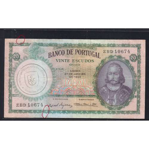 20 Escudos 1959 D. António Menezes 27/01/1959, 20$00 Twenty Escudos 27/01/1959 Plate: 6 Bank of Portugal, (C), Pick 153