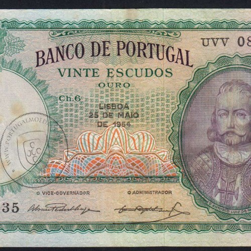 NOTA 20 ESCUDOS 1954 (CIRCULADA C/ MARCAS HUMIDADE) "20$00 1954 Ch.6 D.ANTONIO LUIZ DE MENEZES - BANCO DE PORTUGAL (25/05/1954)