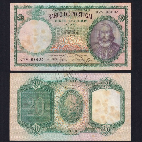 NOTA 20 ESCUDOS 1954 (CIRCULADA C/ MARCAS HUMIDADE) "20$00 1954 Ch.6 D.ANTONIO LUIZ DE MENEZES - BANCO DE PORTUGAL (25/05/1954)