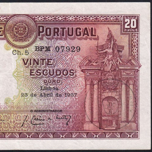 NOTA DE 20 ESCUDOS 1937 ( POUCO CIRCULADA ) "20$00 1937 Ch.5 MOUSINHO D'ALBUQUERQUE - BANCO DE PORTUGAL (23/04/1937)