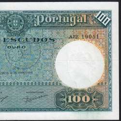 100 Escudos Note 1941 João Ribeiro 13/03/1941, 100$00 One Hundred Escudos Plate: 5 Bank of Portugal, Circulated, Pick 150 100 Escudos Note 1941 João Ribeiro 13/03/1941, 100$00 One Hundred Escudos Plate: 5 Bank of Portugal, Circulated, Pick 150