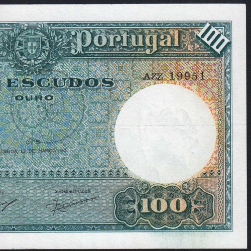 100 Escudos Note 1941 João Ribeiro 13/03/1941, 100$00 One Hundred Escudos Plate: 5 Bank of Portugal, Circulated, Pick 150