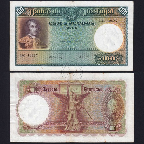 100 Escudos Note 1941 João Ribeiro 13/03/1941, 100$00 One Hundred Escudos Plate: 5 Bank of Portugal, Circulated, Pick 150