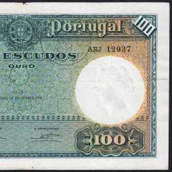 100 Escudos Note 1941 João Ribeiro 13/03/1941, 100$00 One Hundred Escudos Plate: 5 Bank of Portugal, Circulated, Pick 150
