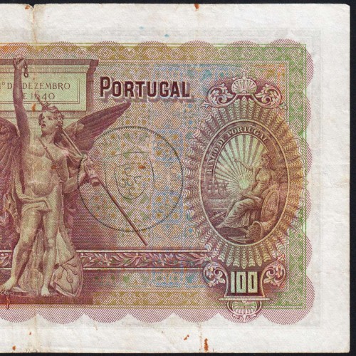 100 Escudos Note 1941 João Ribeiro 13/03/1941, 100$00 One Hundred Escudos Plate: 5 Bank of Portugal, Circulated, Pick 150