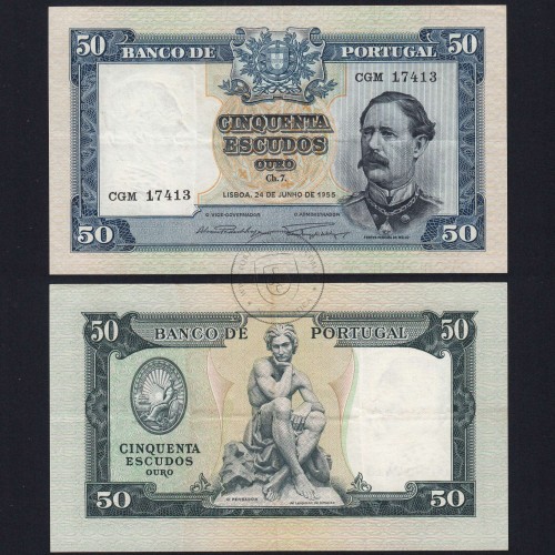 NOTA DE 50 ESCUDOS 1955 ( CIRCULADA ) "50$00 1955 Ch.7 FONTES PEREIRA DE MELLO - BANCO DE PORTUGAL (24/06/1955)