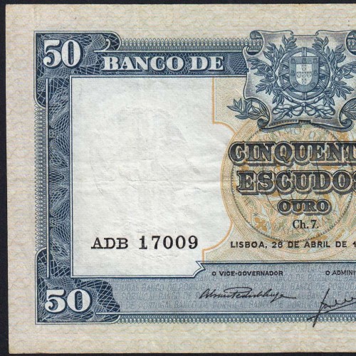 NOTA DE 50 ESCUDOS 1953 ( CIRCULADA ) "50$00 1953 Ch.7 FONTES PEREIRA DE MELLO - BANCO DE PORTUGAL (28/04/1953)