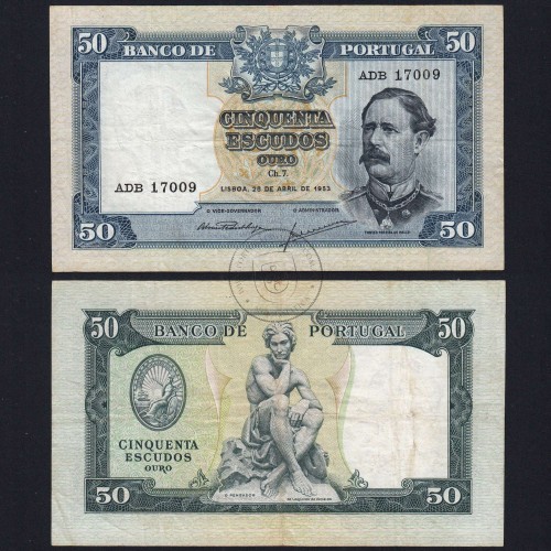 NOTA DE 50 ESCUDOS 1953 ( CIRCULADA ) "50$00 1953 Ch.7 FONTES PEREIRA DE MELLO - BANCO DE PORTUGAL (28/04/1953)