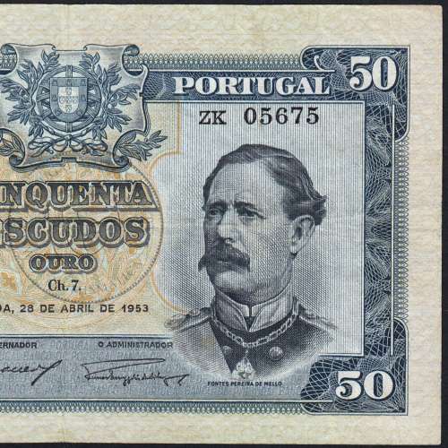 NOTA DE 50 ESCUDOS 1953 ( CIRCULADA ) "50$00 1953 Ch.7 FONTES PEREIRA DE MELLO - BANCO DE PORTUGAL (28/04/1953)