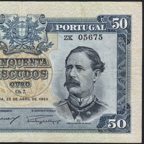 NOTA DE 50 ESCUDOS 1953 ( CIRCULADA ) "50$00 1953 Ch.7 FONTES PEREIRA DE MELLO - BANCO DE PORTUGAL (28/04/1953)