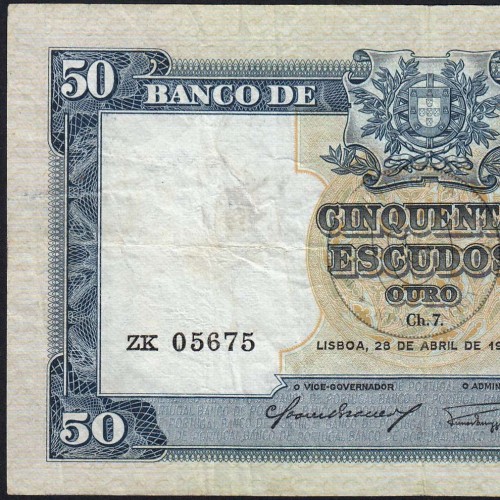 NOTA DE 50 ESCUDOS 1953 ( CIRCULADA ) "50$00 1953 Ch.7 FONTES PEREIRA DE MELLO - BANCO DE PORTUGAL (28/04/1953)