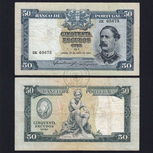 NOTA DE 50 ESCUDOS 1953 ( CIRCULADA ) "50$00 1953 Ch.7 FONTES PEREIRA DE MELLO - BANCO DE PORTUGAL (28/04/1953)