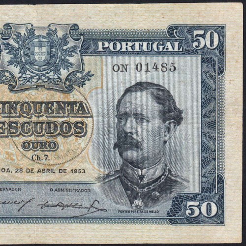 NOTA DE 50 ESCUDOS 1953 ( CIRCULADA ) "50$00 1953 Ch.7 FONTES PEREIRA DE MELLO - BANCO DE PORTUGAL (28/04/1953)