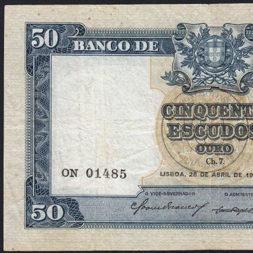 NOTA DE 50 ESCUDOS 1953 ( CIRCULADA ) "50$00 1953 Ch.7 FONTES PEREIRA DE MELLO - BANCO DE PORTUGAL (28/04/1953)