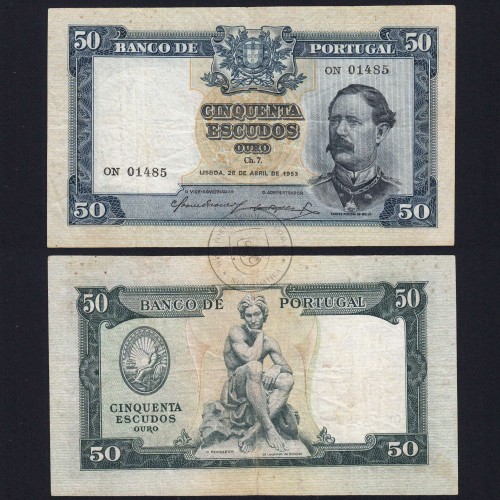NOTA DE 50 ESCUDOS 1953 ( CIRCULADA ) "50$00 1953 Ch.7 FONTES PEREIRA DE MELLO - BANCO DE PORTUGAL (28/04/1953)