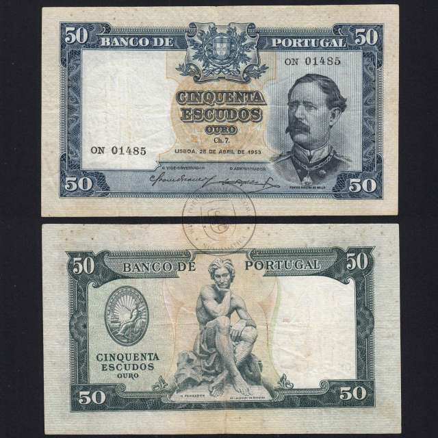 NOTA DE 50 ESCUDOS 1953 ( CIRCULADA ) "50$00 1953 Ch.7 FONTES PEREIRA DE MELLO - BANCO DE PORTUGAL (28/04/1953)
