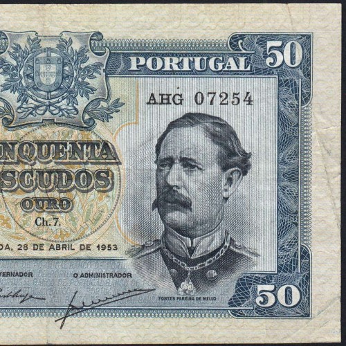 NOTA DE 50 ESCUDOS 1953 ( CIRCULADA ) "50$00 1953 Ch.7 FONTES PEREIRA DE MELLO - BANCO DE PORTUGAL (28/04/1953)